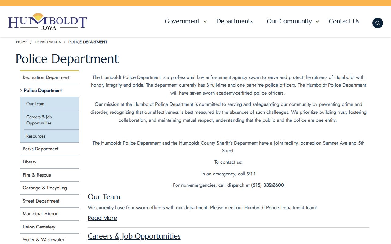 Humboldt Police Department page for Humboldt arrest and booking record routing